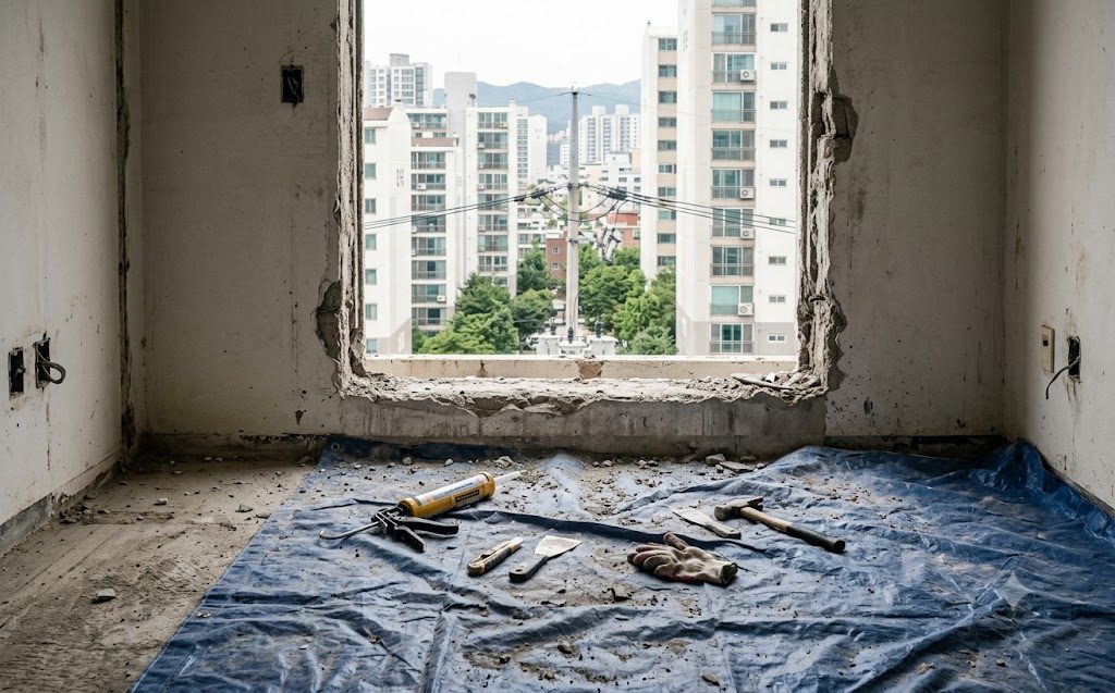 기존 창을 철거한 뒤의 개구부와 보양 작업
