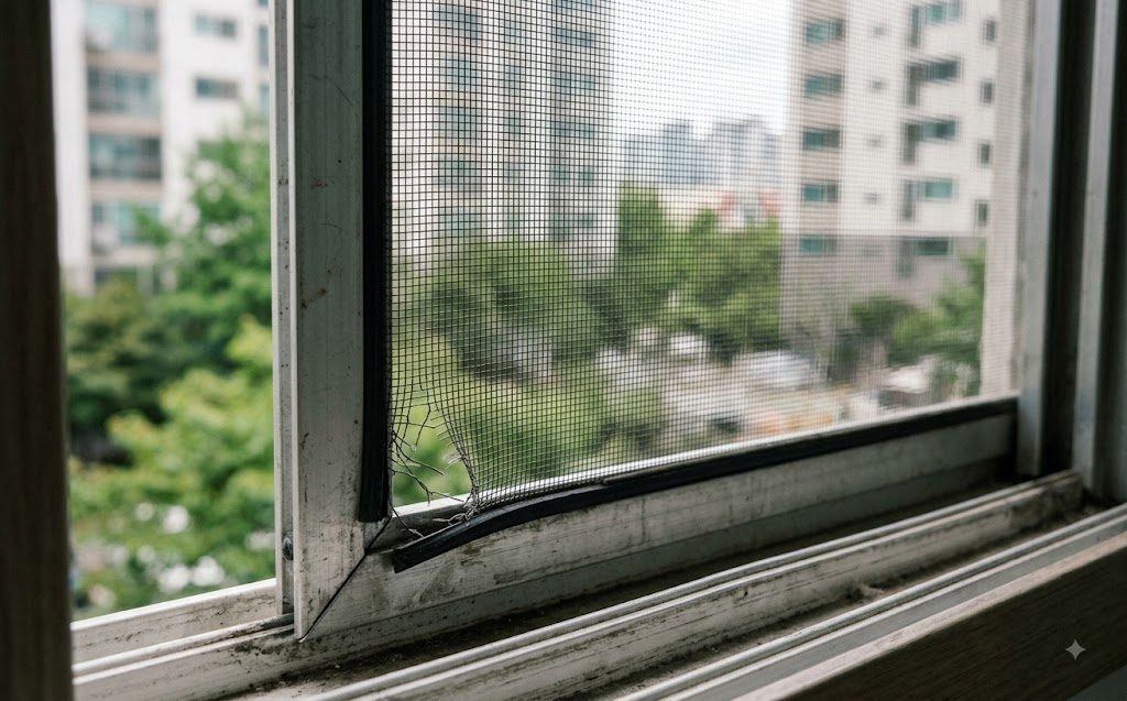 아래쪽 모서리 망이 늘어지고 찢어진 아파트 방충망